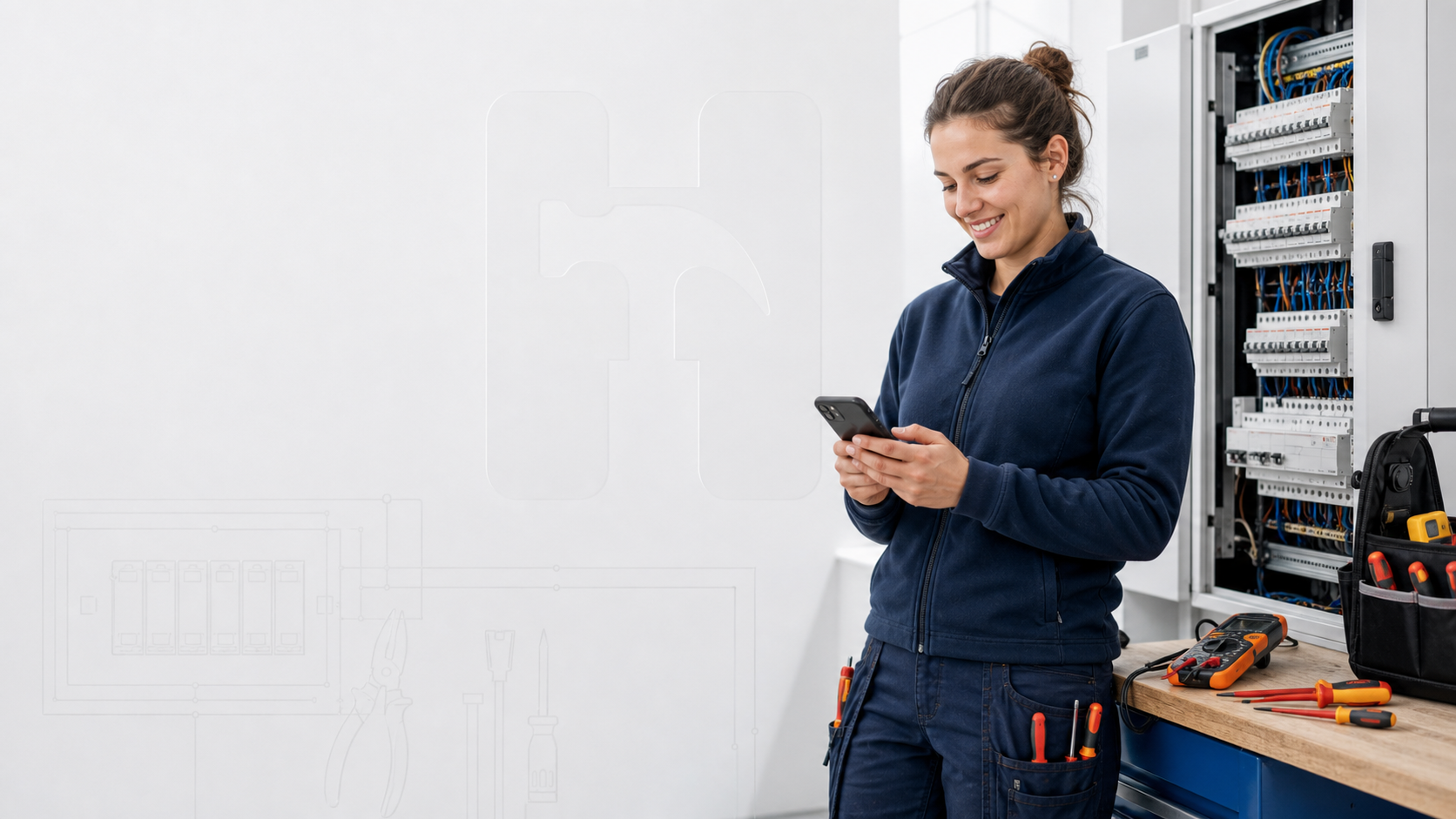 Elektrikerin dokumentiert Arbeiten an einem modernen Schaltschrank mit dem Smartphone